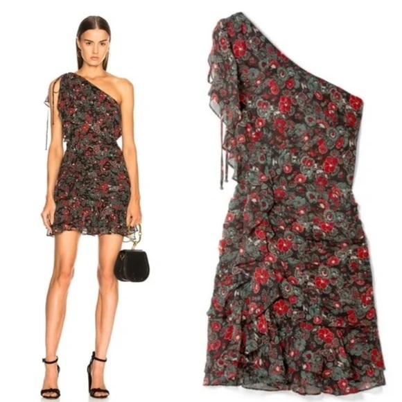 Veronica Beard Dresses & Skirts - Veronica Beard Ballard Navy and Red One-Shoulder Ruffles Ruching Dress Size 2